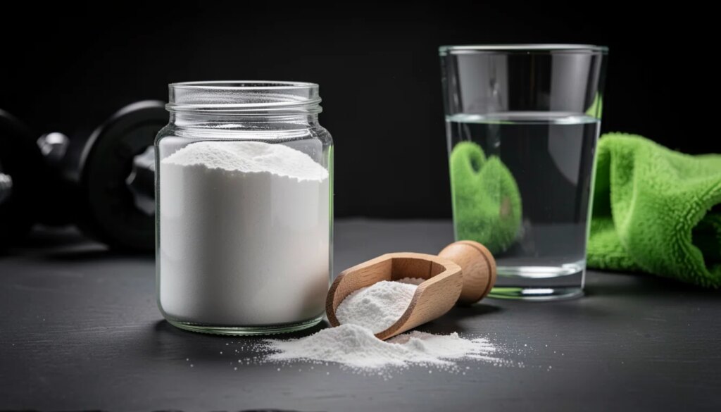 Os benefícios da creatina: por que ela é um dos suplementos mais estudados do mundo Pote de vidro com creatina em pó, scoop de madeira e halteres ao fundo