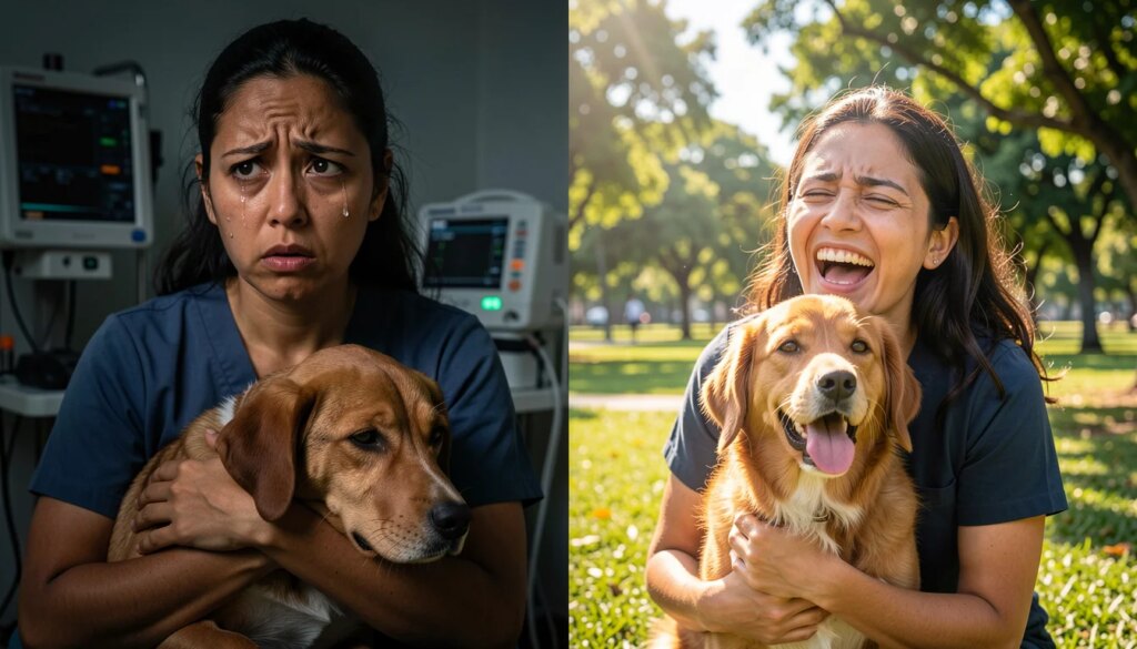Plano de saúde pet ou veterinário avulso? O comparativo honesto para quem mora em SP Mulher preocupada com cachorro doente na clínica ao lado de mulher feliz com cachorro saudável no parque.