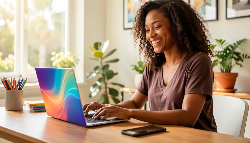 Mulher sorridente criando conteúdo em home office com laptop e celular