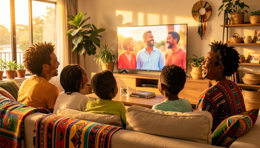 Família negra reunida assistindo filme em casa com decoração afro e luz dourada