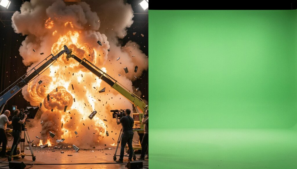 Efeitos práticos vs CGI: por que o real ainda convence mais Explosão real de efeitos práticos ao lado de render digital em tela verde, comparação cinematográfica
