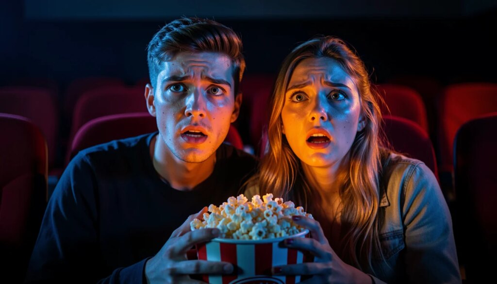 Casal em cinema escuro com rostos iluminados pela tela, expressão de tensão e fascínio