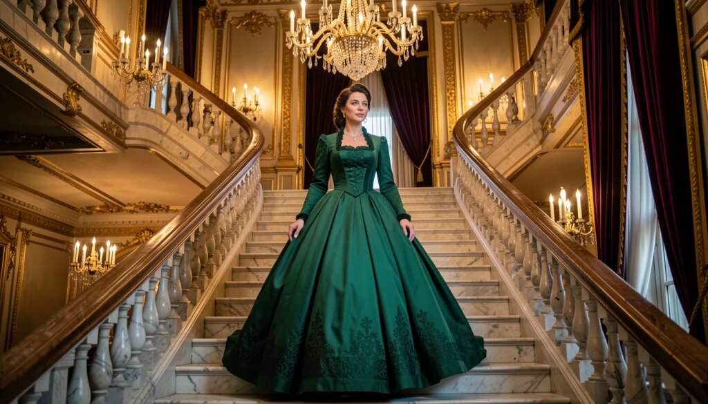 A Idade Dourada 4ª temporada: data de estreia, horário e elenco Mulher em vestido vitoriano esmeralda descendo escadaria de mansão luxuosa do século 19