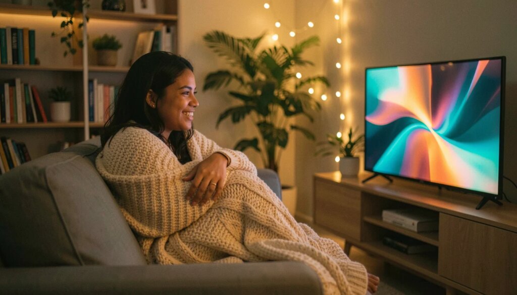 Séries que estrearam em setembro de 2016: onde assistir a cada uma hoje Mulher em sofá aconchegante assistindo streaming em TV com luz colorida, clima de nostalgia