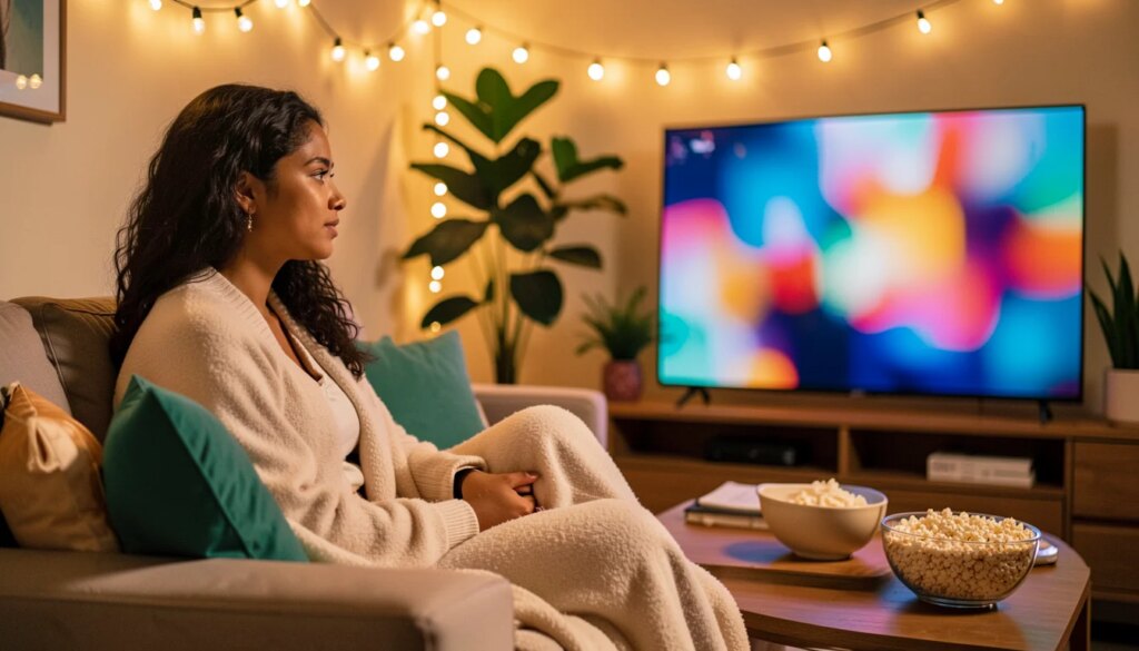 Mulher de pijama assistindo séries na Netflix no sofá, luz quente e ambiente aconchegante