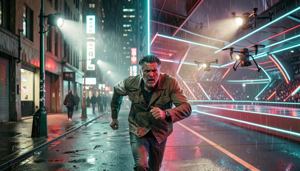 Homem correndo em corredor neon sob perseguição, dividido entre estética anos 80 e futuro distópico