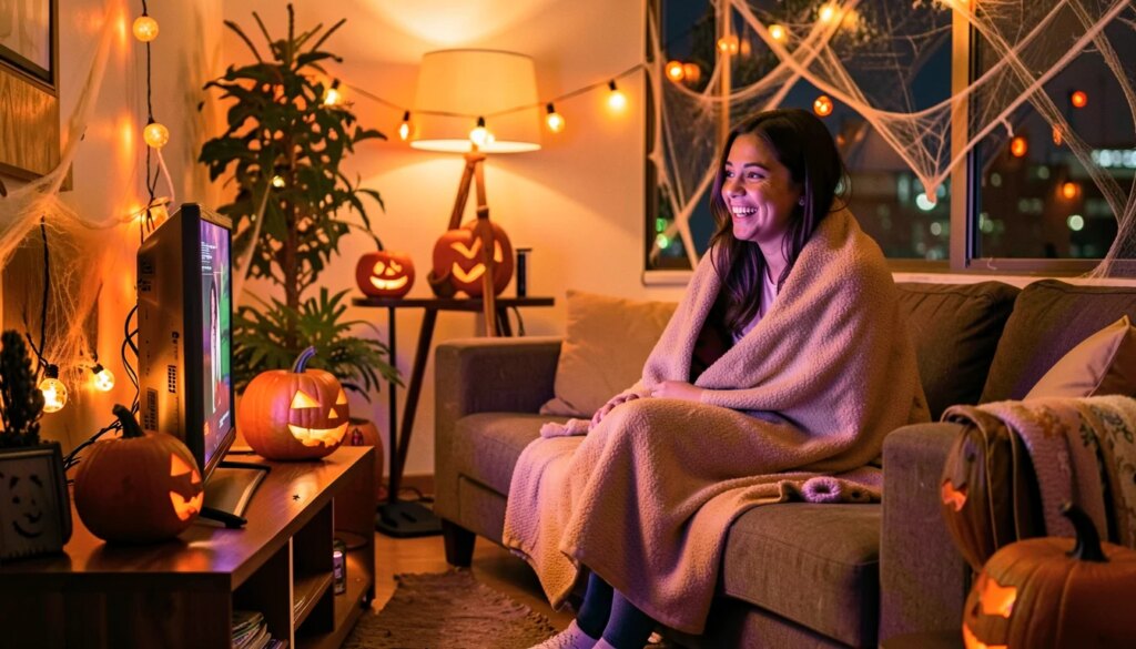 Mulher sorrindo no sofá em sala decorada para Halloween assistindo TV à noite